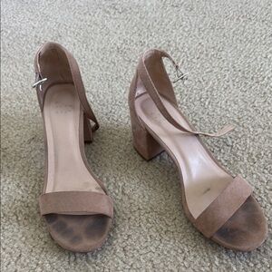 Tan Suede Block Heel Sandals with Ankle Strap